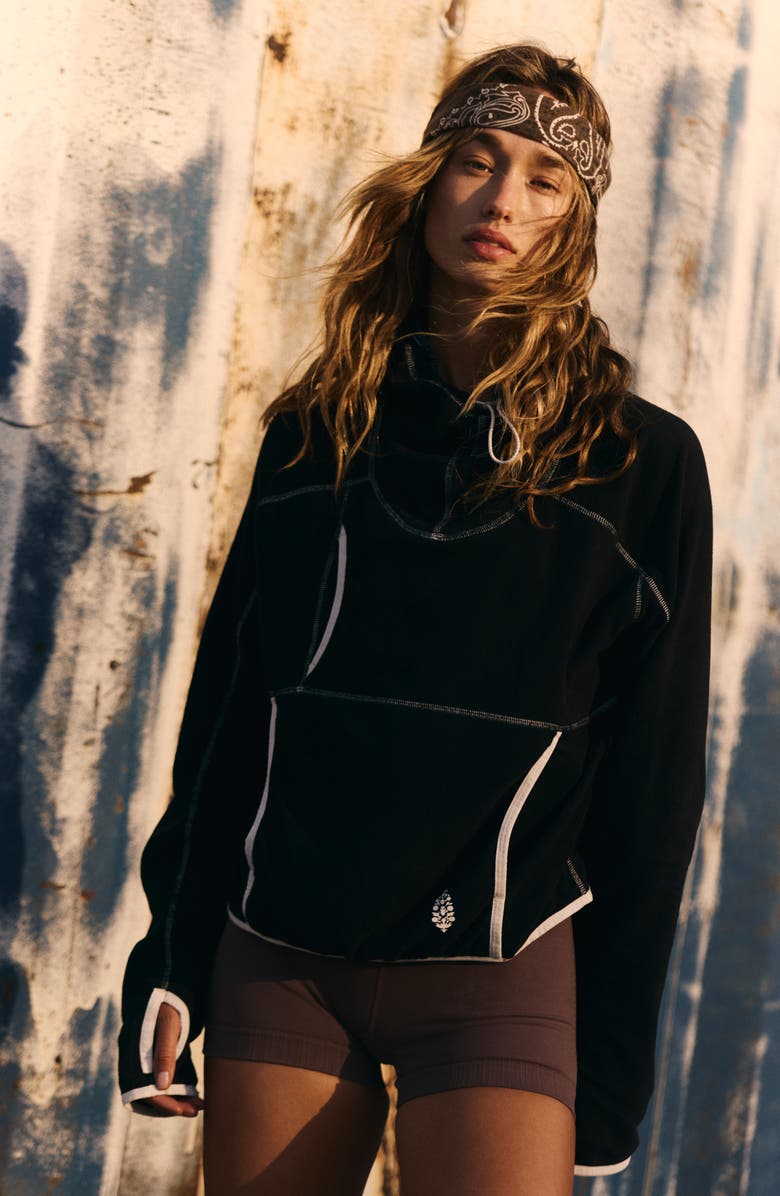 Free People FP Movement Care on the Run Fleece Funnel Neck Hoodie, Alternate, color, Black