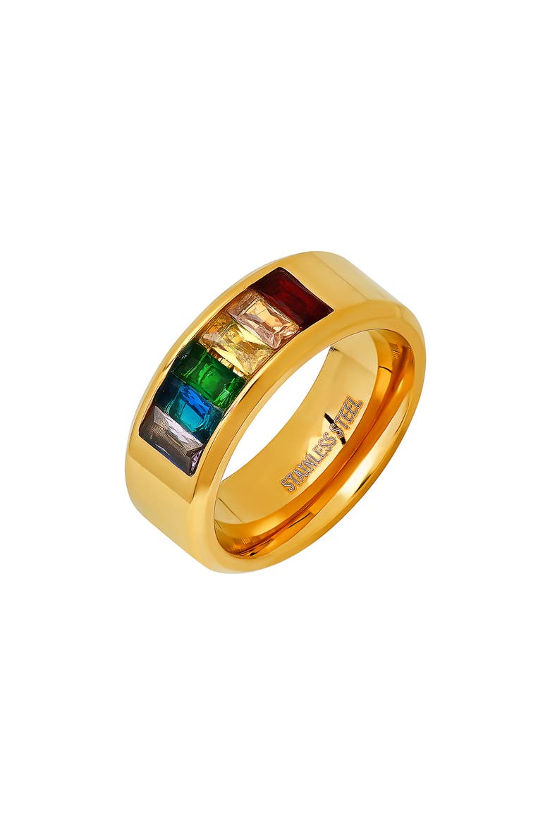 Men's 18K Gold Plated Stainless Steel Baguette Crystal Band Ring, Alternate, color, YELLOW/MULTI