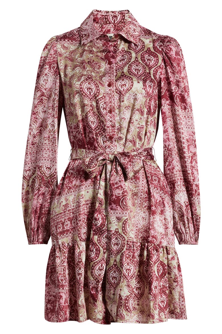 Print Tie Waist Long Sleeve Tiered Shirtdress, Main, color, NEW BURGUNDY MULTI