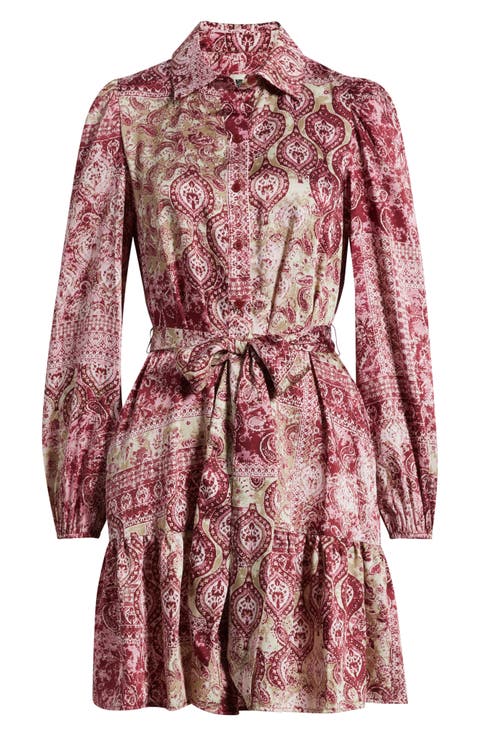 Print Tie Waist Long Sleeve Tiered Shirtdress