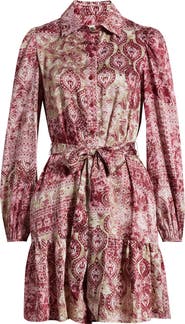 Anne Klein Print Tie Waist Long Sleeve Tiered Shirtdress