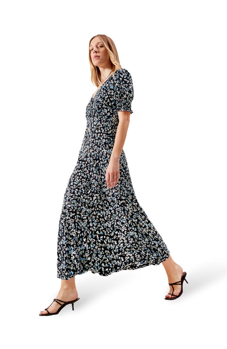 Ro&Zo Pansy Print Shirred Cuff Midi Dress, Main, color, Blue