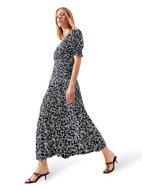 Pansy Print Shirred Cuff Midi Dress