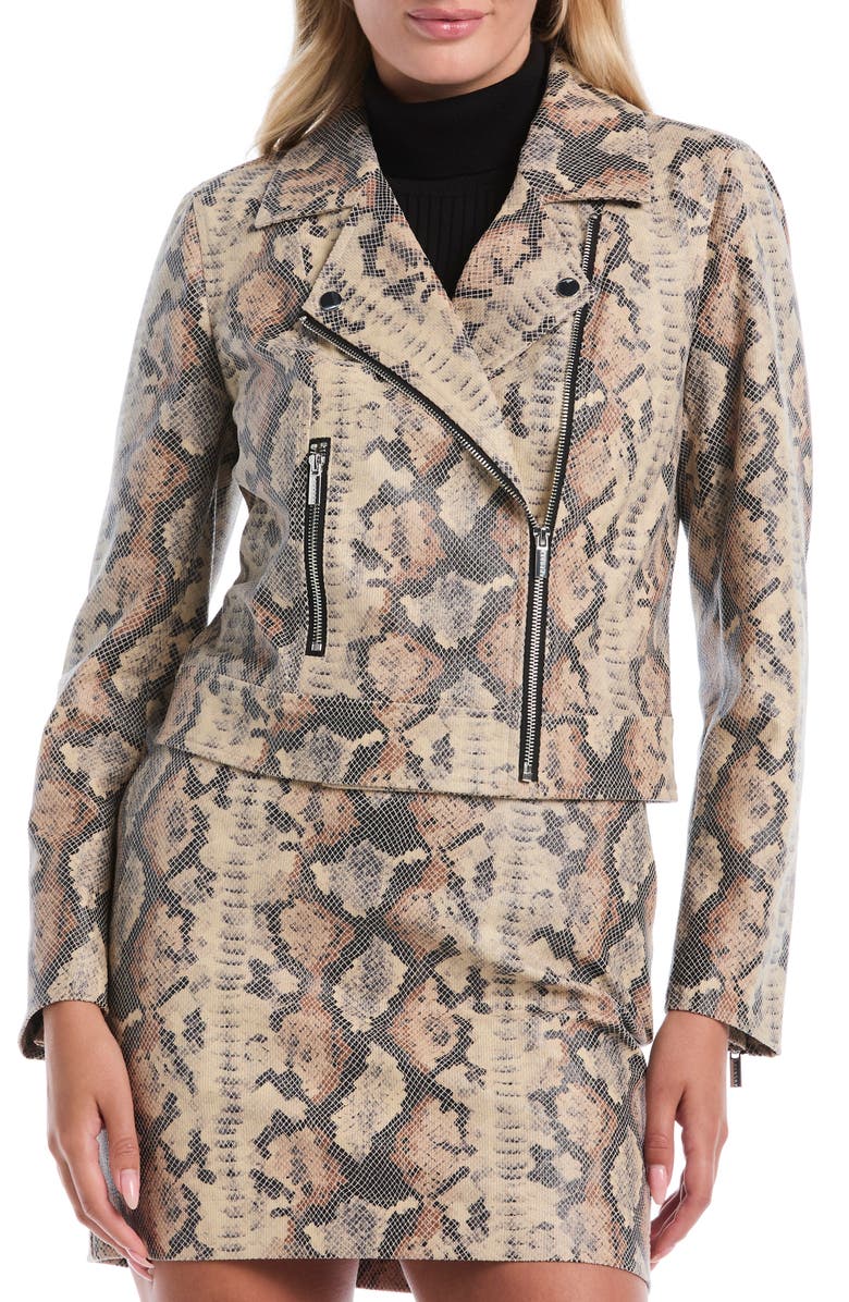 Laundry by Shelli Segal Snakeskin Print Faux Leather Moto Jacket, Main, color, Sesame