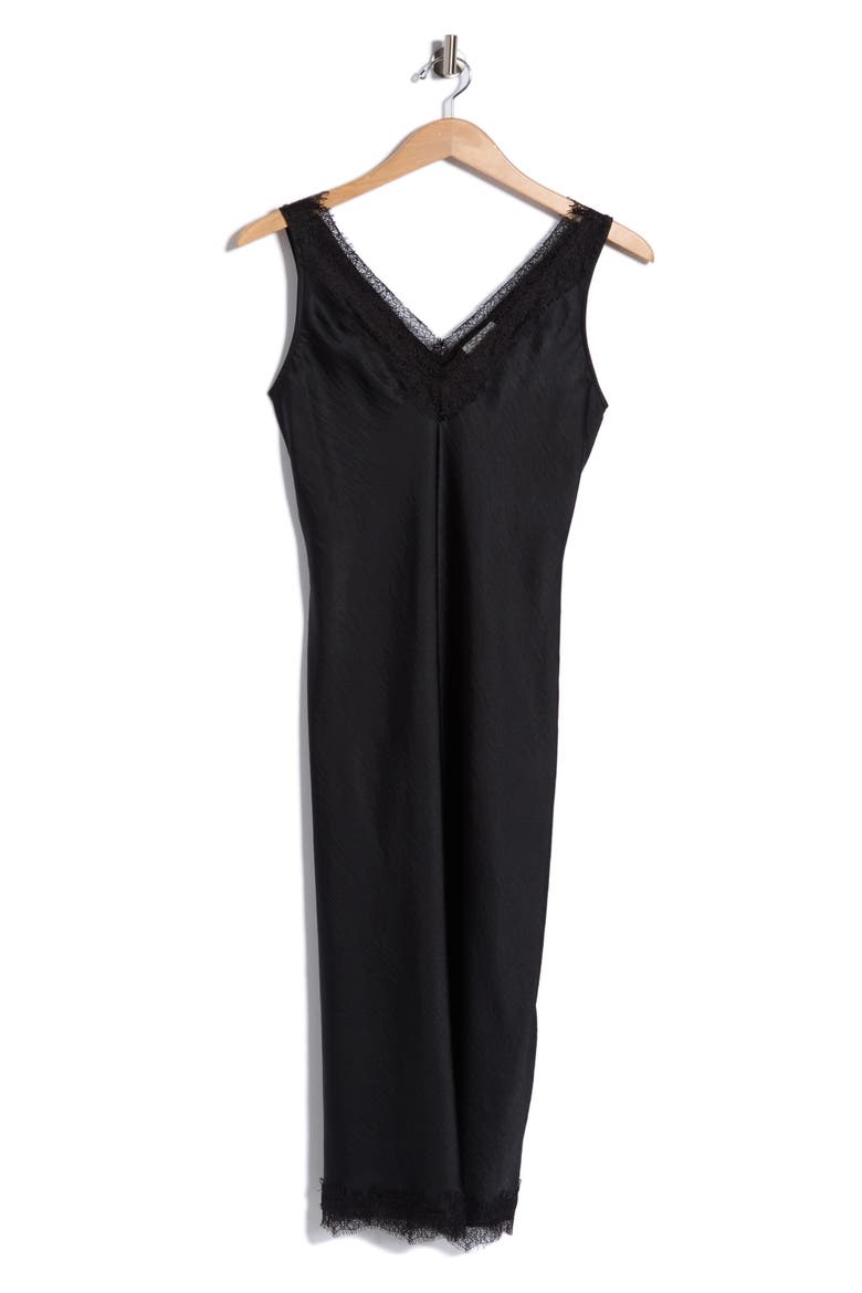 Lace Trim Satin Midi Dress, Alternate, color, BLACK