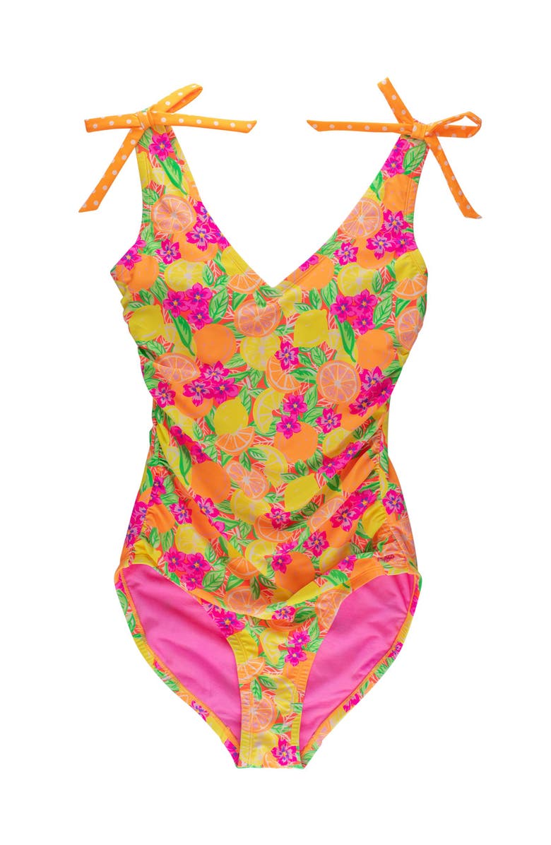 RuffleButts UPF50+ Women's Bow V-Neck One Piece Swimsuit, Main, color, Neon Squeeze The Day