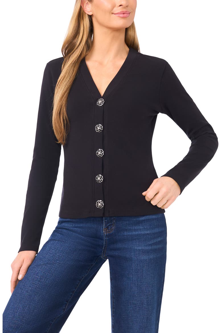 Flower Button Knit Cardigan, Main, color, RICH BLACK