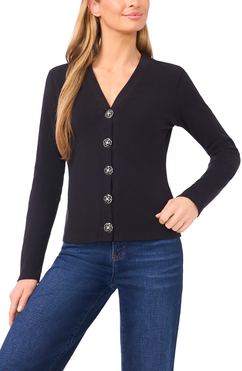 CeCe Flower Button Knit Cardigan, Main, color, Rich Black