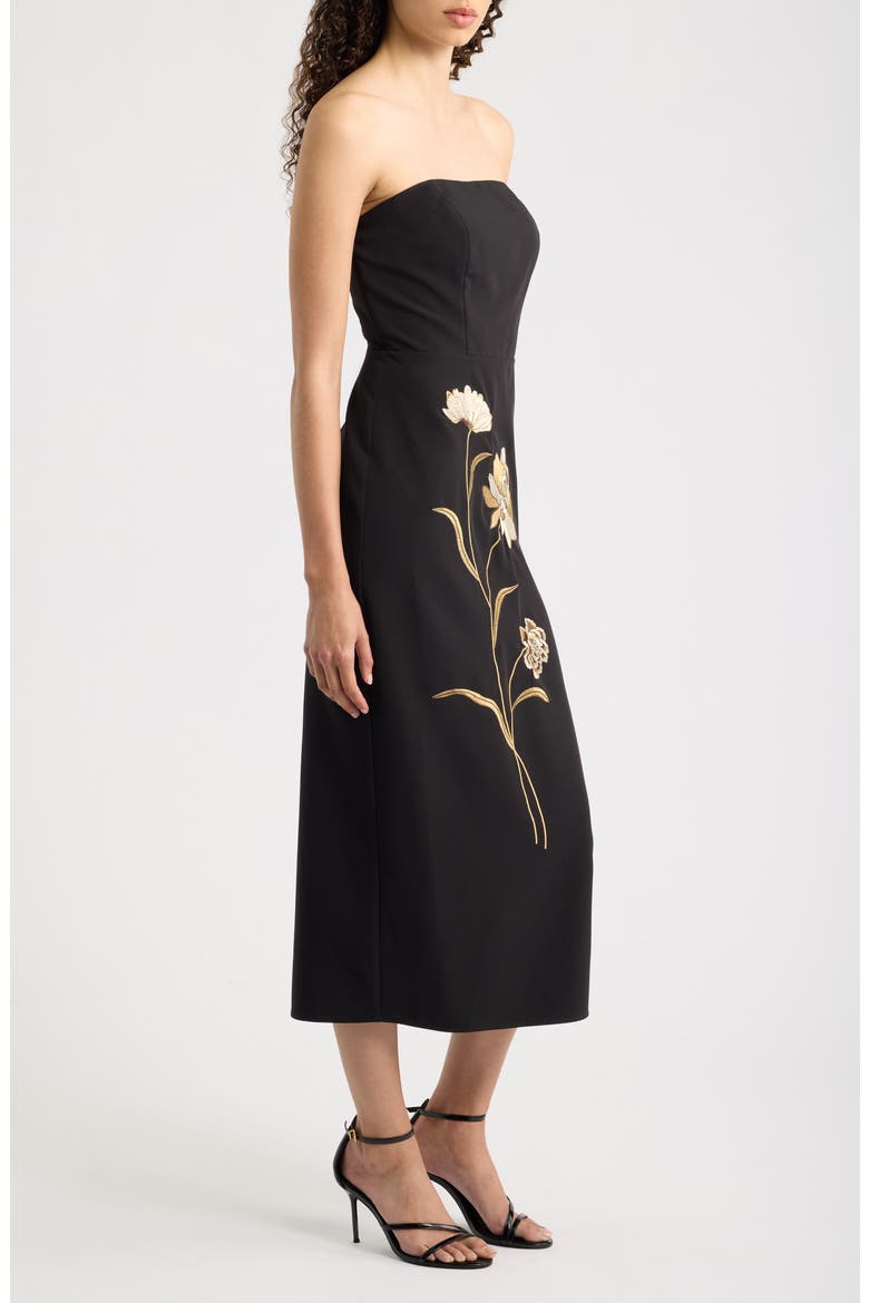 Embroidered Placed Floral Strapless Dress, Alternate, color, BLACK
