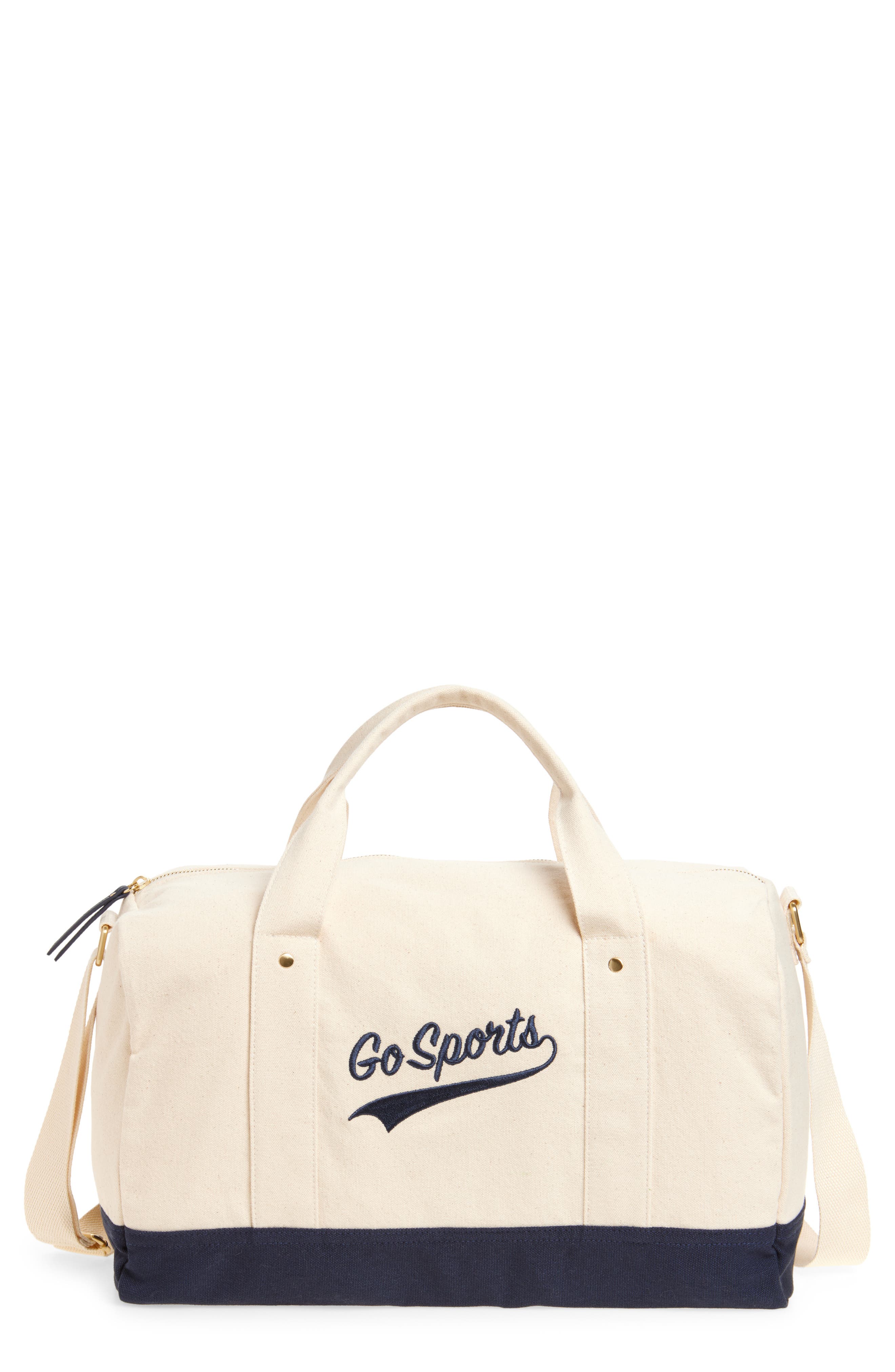 Favorite Daughter Go Sports Embroidered Canvas Duffle Bag, Main, color, Natural Navy Blaze
