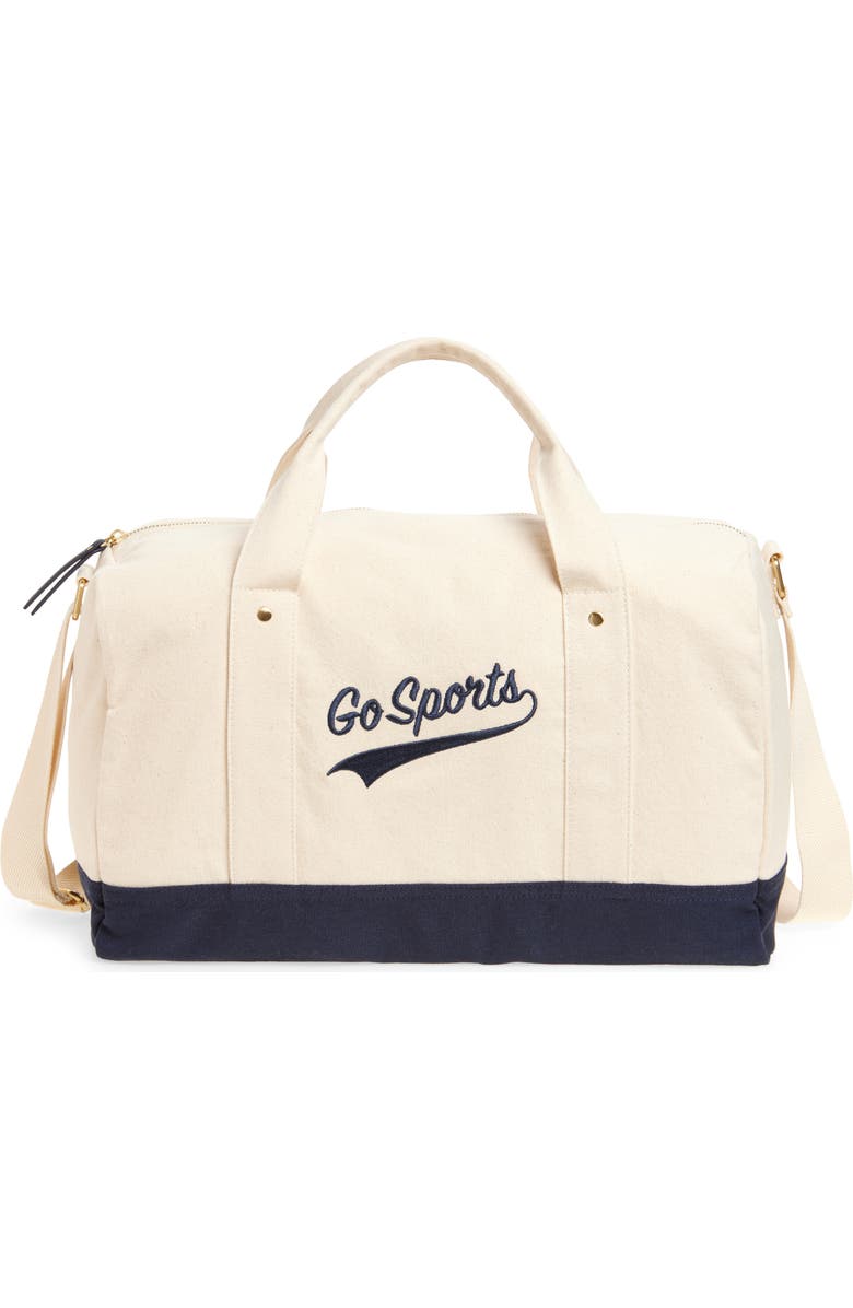 Favorite Daughter Go Sports Embroidered Canvas Duffle Bag, Main, color, Natural Navy Blaze
