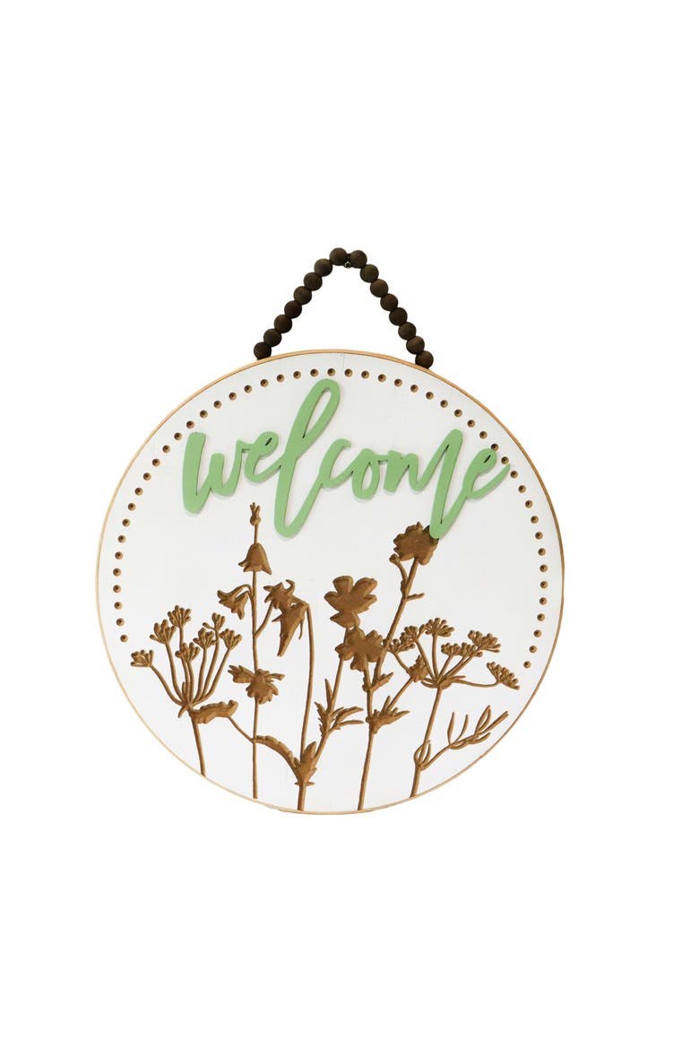 Wood 16 in. Green Welcome Floral Round Sign, Main, color, Green