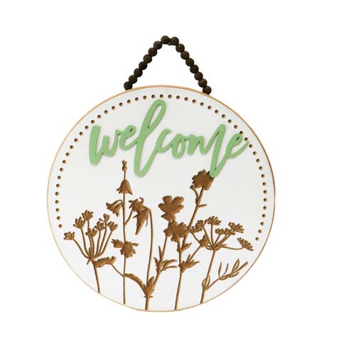 VIP Wood 16 in. Green Welcome Floral Round Sign
