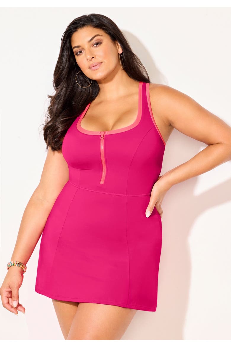 Zip Front Contrast Trim Swimdress, Alternate, color, Rose