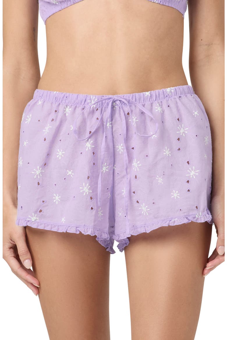 Eyelet Tie Waist Organic Cotton Shorts, Main, color, LAVENDER/ GREEN