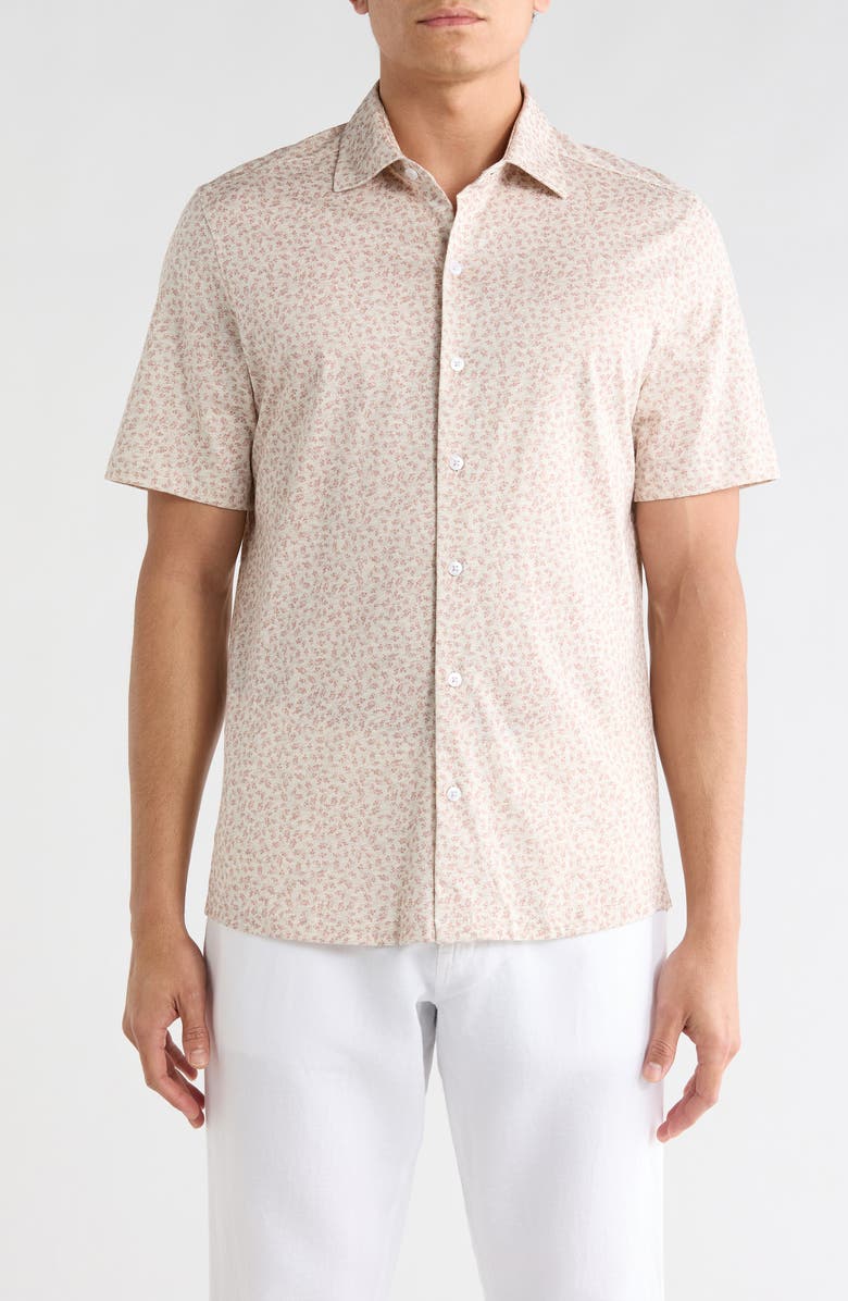 Robert Barakett Corey Short Sleeve Cotton Knit Button-Up Shirt, Main, color, Coral