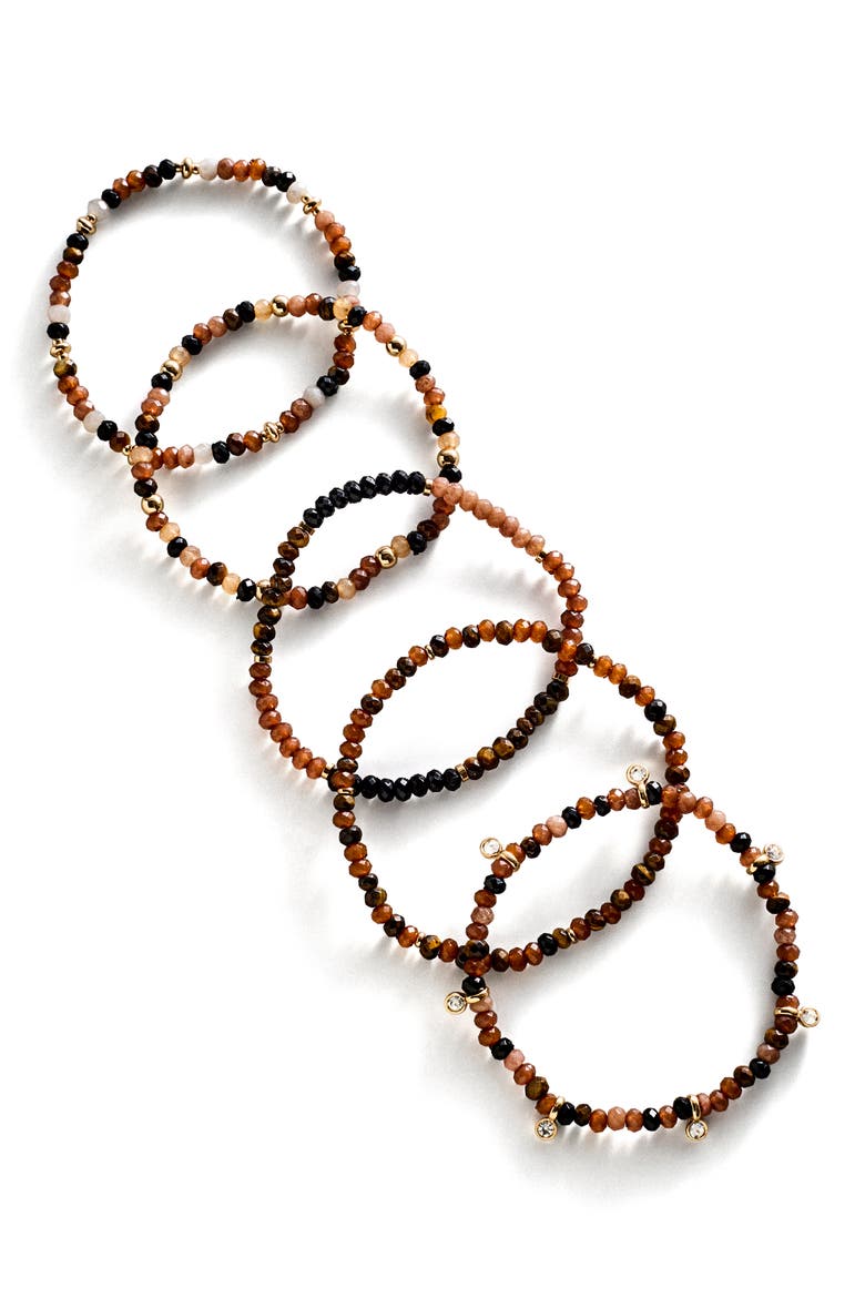 Set of 5 Indya Beaded Stretch Bracelets, Alternate, color, BROWN