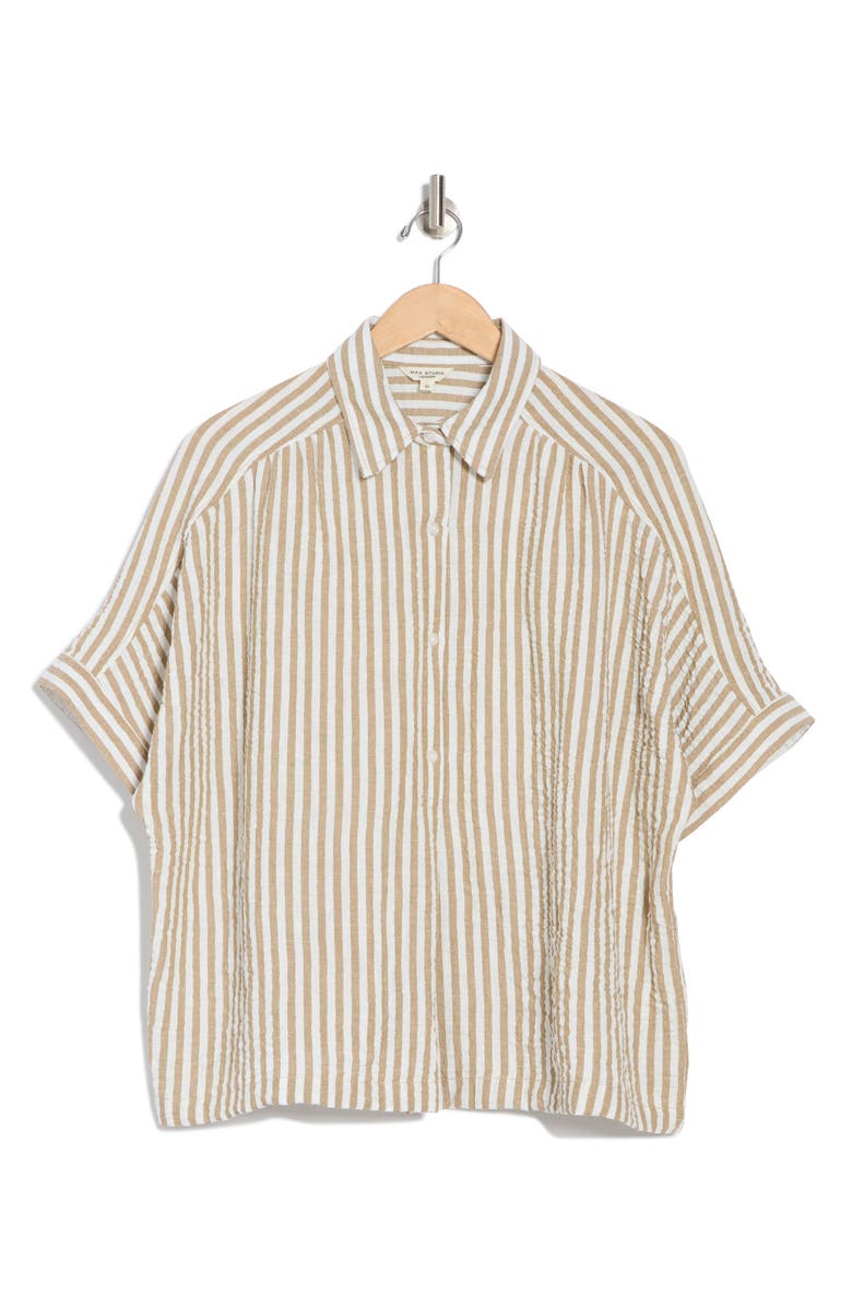 MAX STUDIO Stripe Short Sleeve Textured Button-Up Shirt, Alternate, color, Beige/ White Stripe