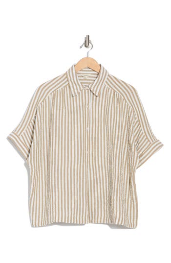 Max Studio Stripe Short Sleeve Textured Button-up Shirt