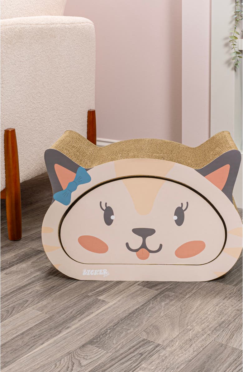 The Licker Store Opal Modern Cardboard Happy Cat Head 2-in-1 Cat Cave Scratcher with Built-In Bell Toys and Catnip, Alternate, color, Cream/Peach