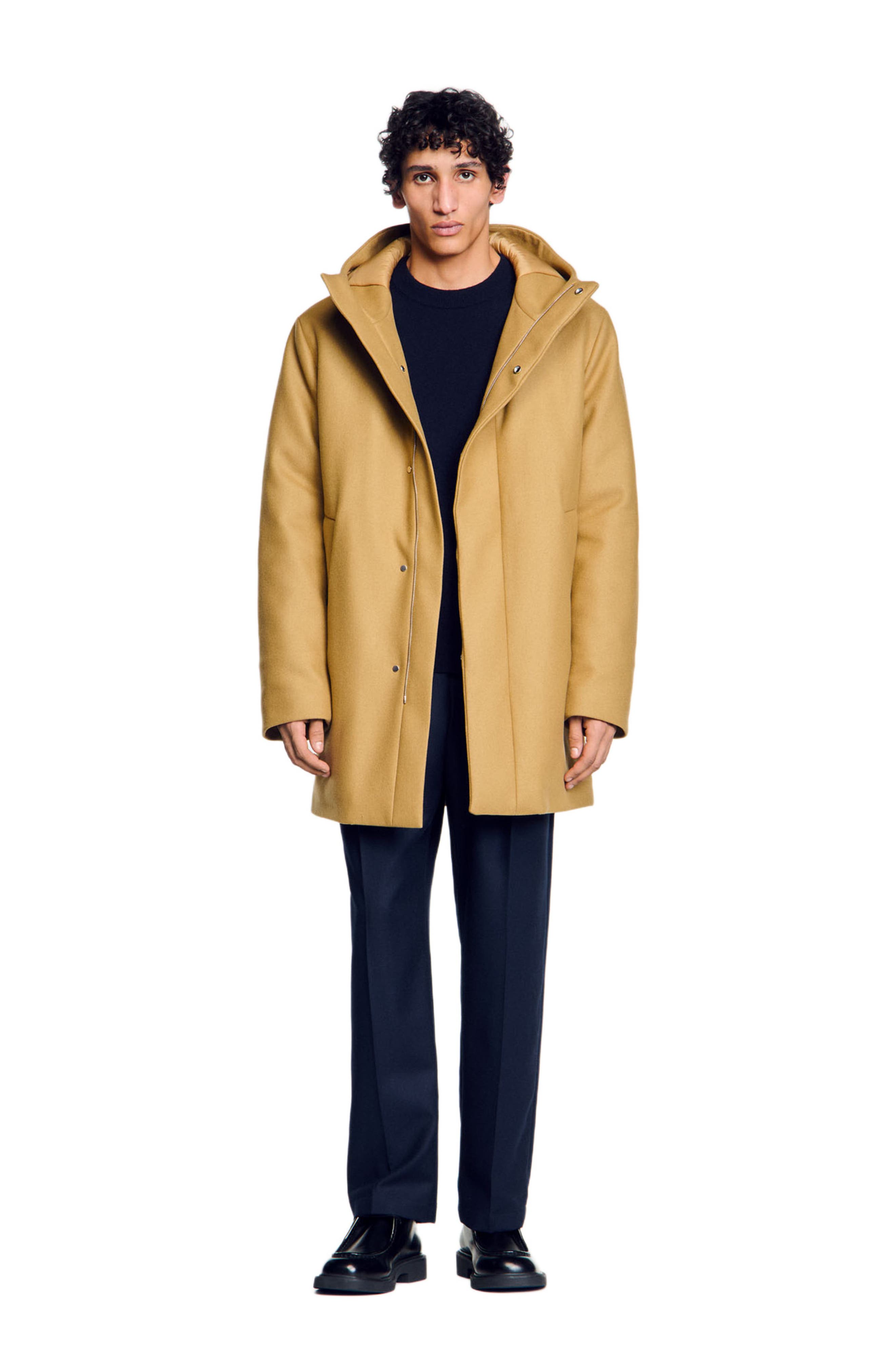 SANDRO Hooded wool parka in Camel 