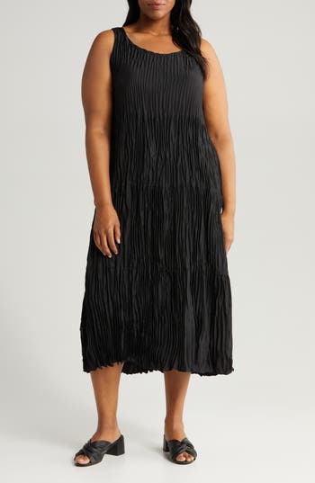 Eileen Fisher Textured Sleeveless Silk Midi Dress In Black