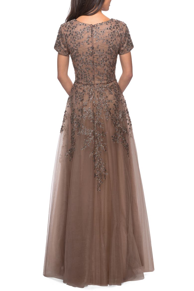 Embellished Tulle A-Line Gown, Alternate, color, COCOA