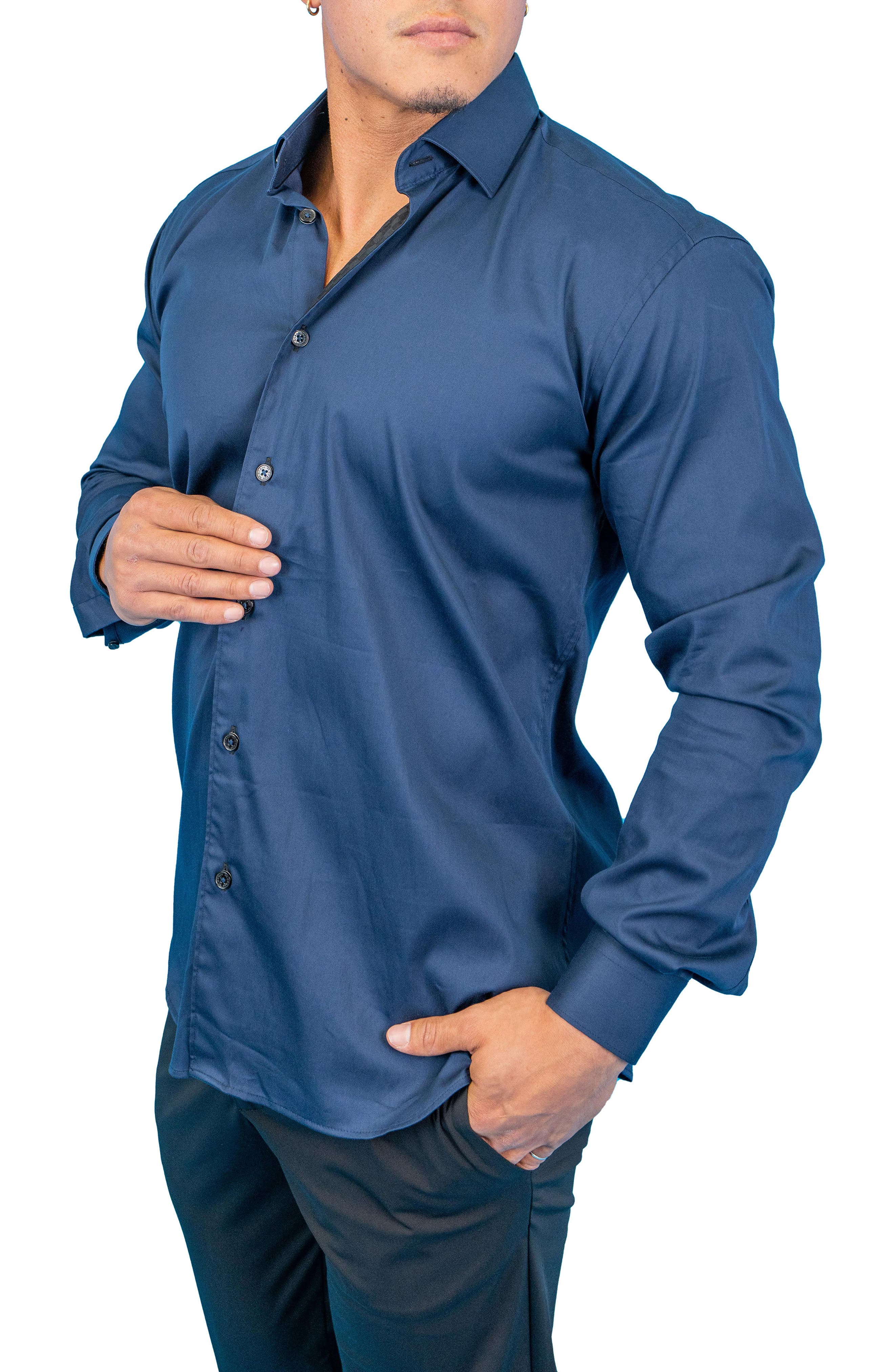 Maceoo Fibonacci Dark Denim Blue Contemporary Fit Button-Up Shirt (Men ...