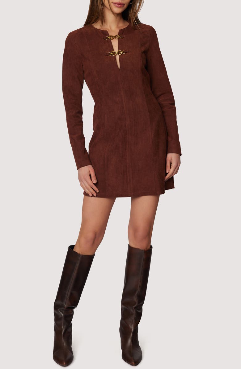 Lost + Wander Fall Enchantment Long Sleeve Faux Suede Minidress, Main, color, Chocolate