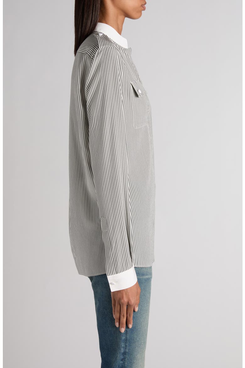 Stripe Silk crêpe de Chine Military Button-up Shirt, Alternate, color, BLACK/ WHITE