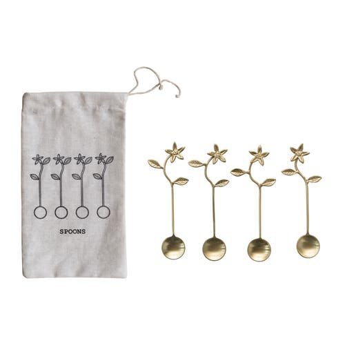 Storied Home 5.35 Stainless Steel And Brass Spoons For Kitchen With Flower Handles And Drawstring Ba In Gold