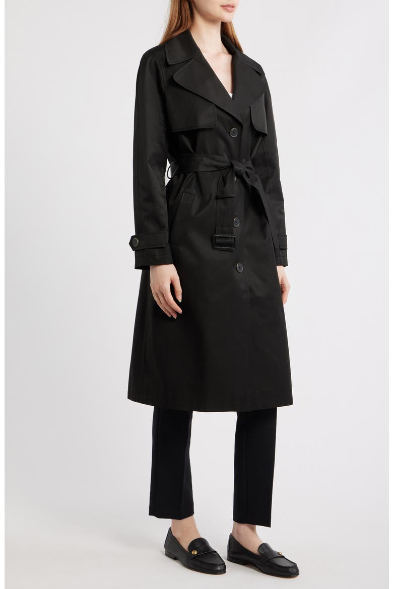 Back Button Cotton Blend Trench Coat, Alternate, color, BLACK