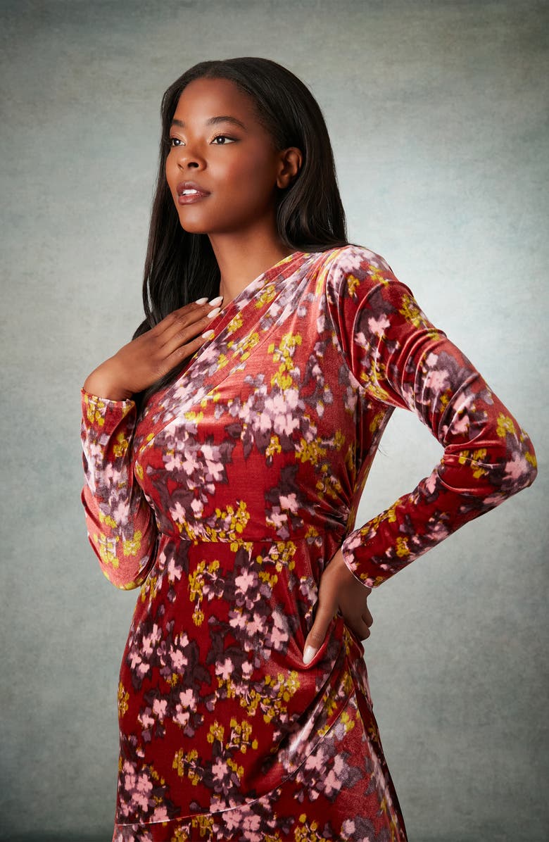 London Times Floral Long Sleeve Ruched Asymmetric Velour Dress, Alternate, color, Red Multi
