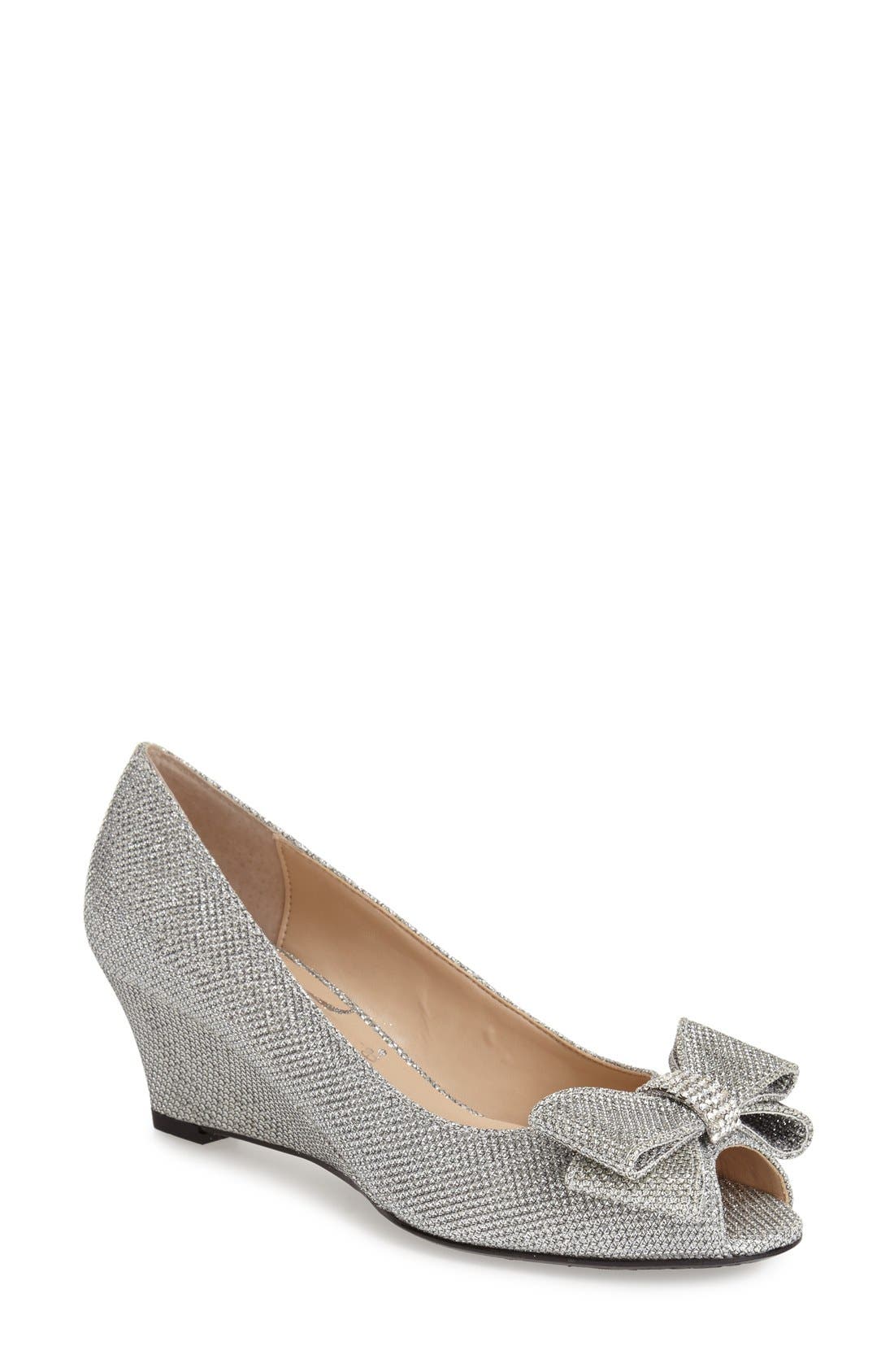 'Blare' Bow Wedge Peep Toe Pump, Main, color, SILVER