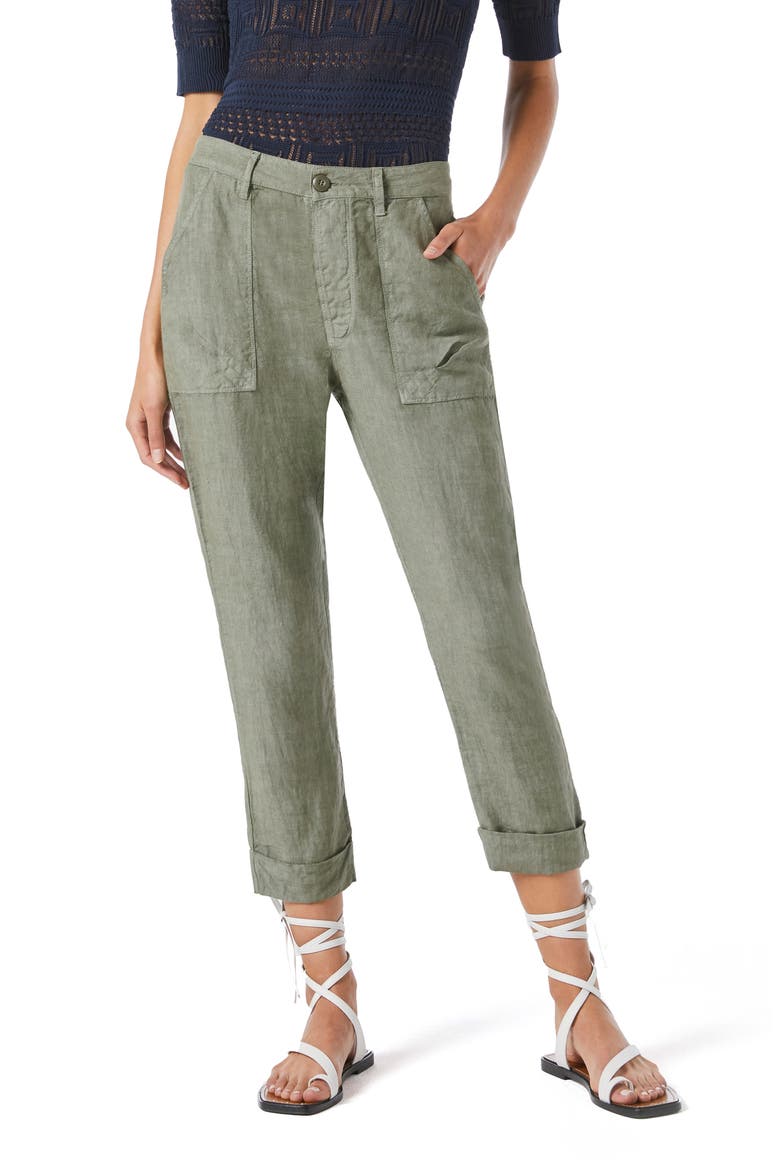 Le Beau High Waist Crop Linen Pants, Main, color, MILITARY