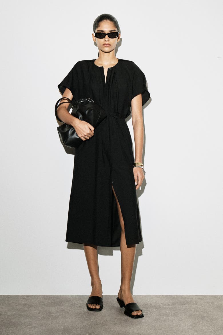 scoop women's blouson sleeve belted waist pleated oversized midi dress Pleated Belted Midi Dress (Women)