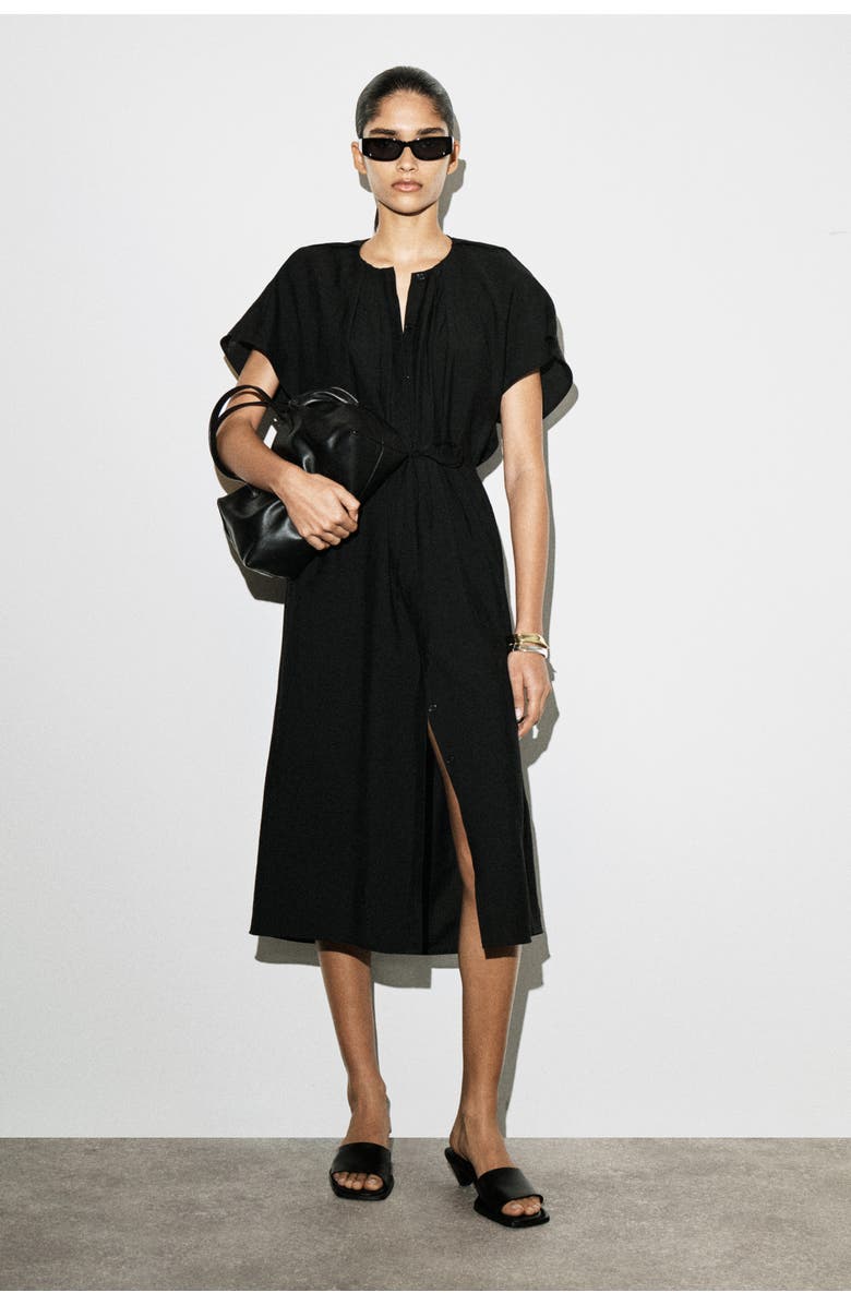 COS Pleated Belted Midi Dress, Main, color, Black