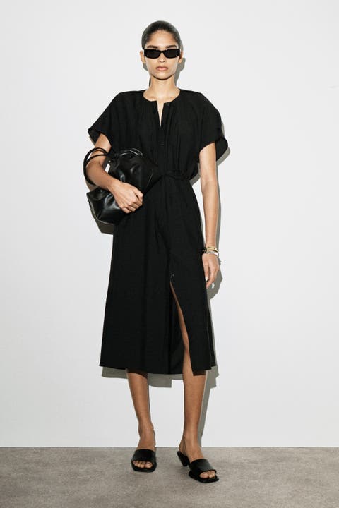 Pleated Belted Midi Dress