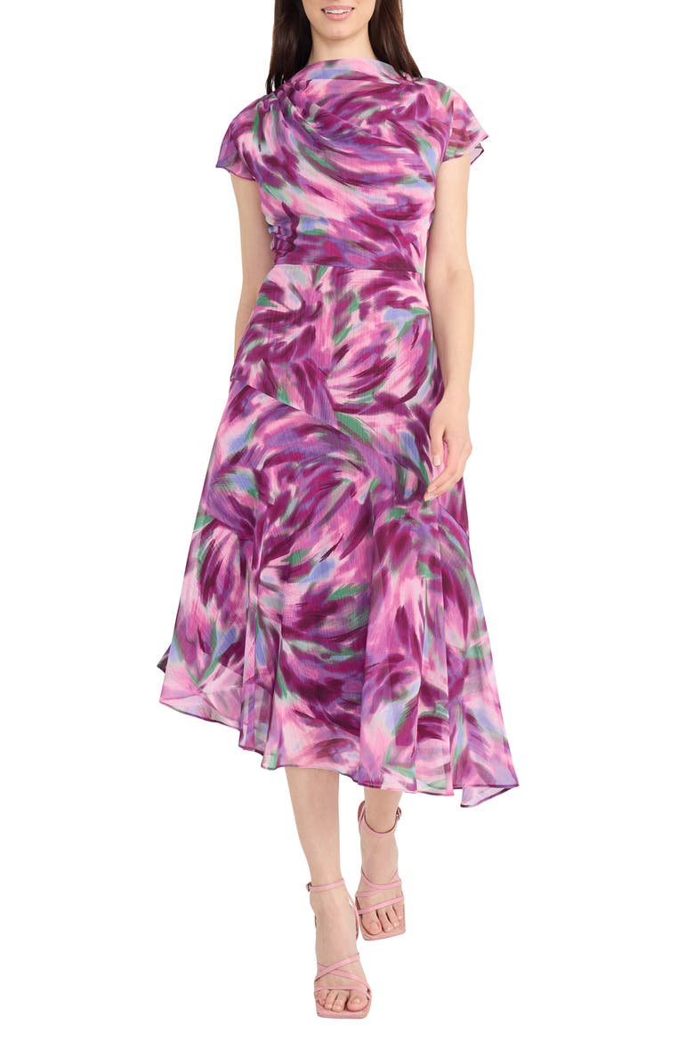 Abstract Print Asymmetric Chiffon Midi Dress, Main, color, PERRI/ PURPLE