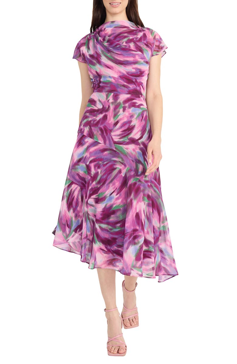 Maggy London Abstract Print Asymmetric Chiffon Midi Dress, Main, color, Perri/ Purple