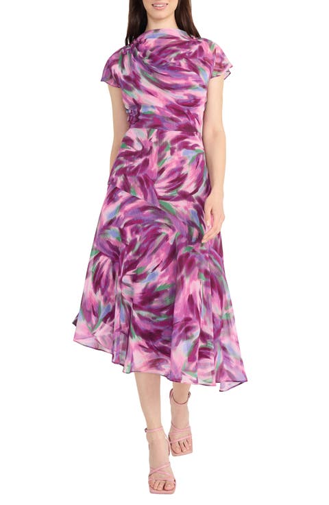 Abstract Print Asymmetric Chiffon Midi Dress