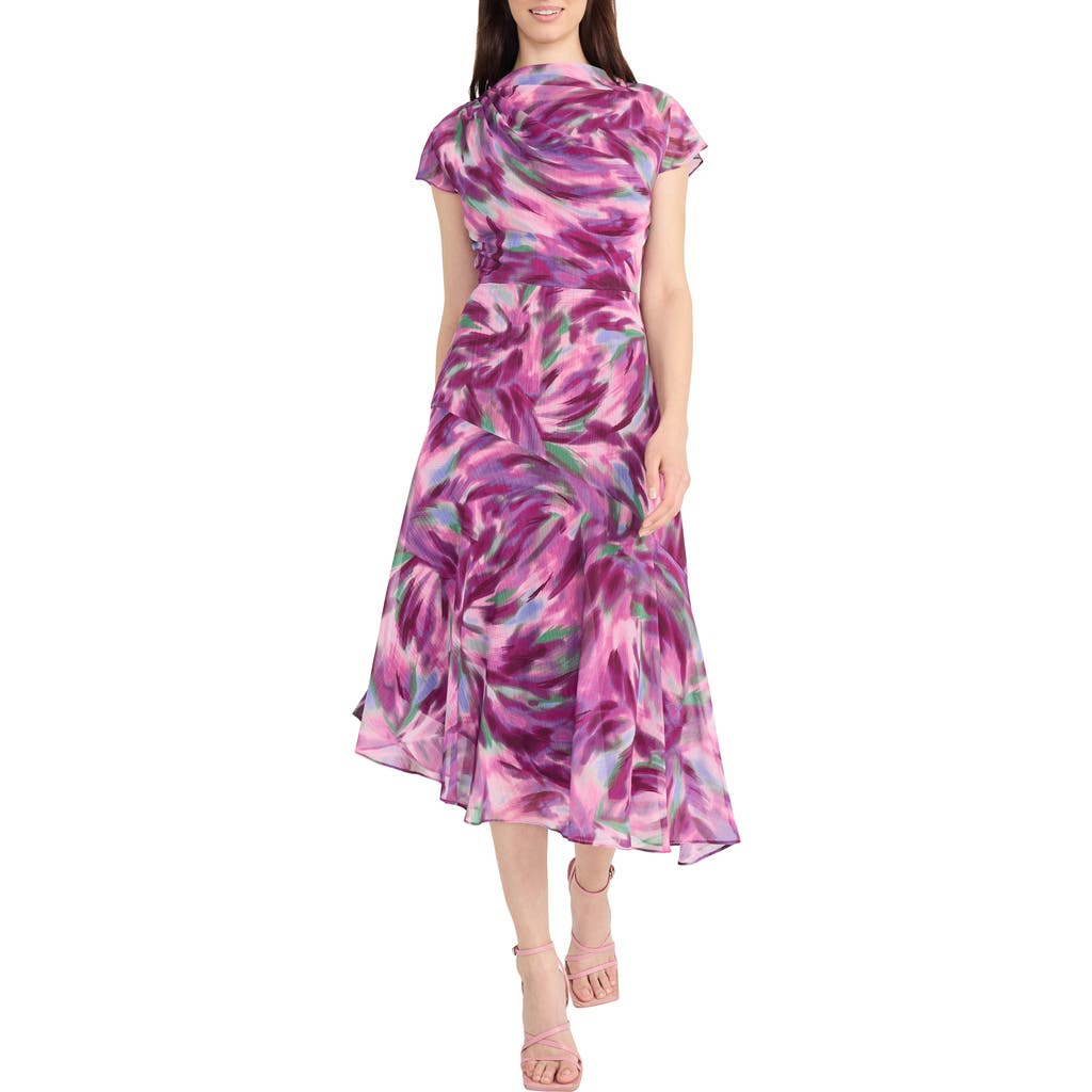Maggy London Abstract Print Asymmetric Chiffon Midi Dress In Multi