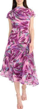 Maggy London Abstract Print Asymmetric Chiffon Midi Dress