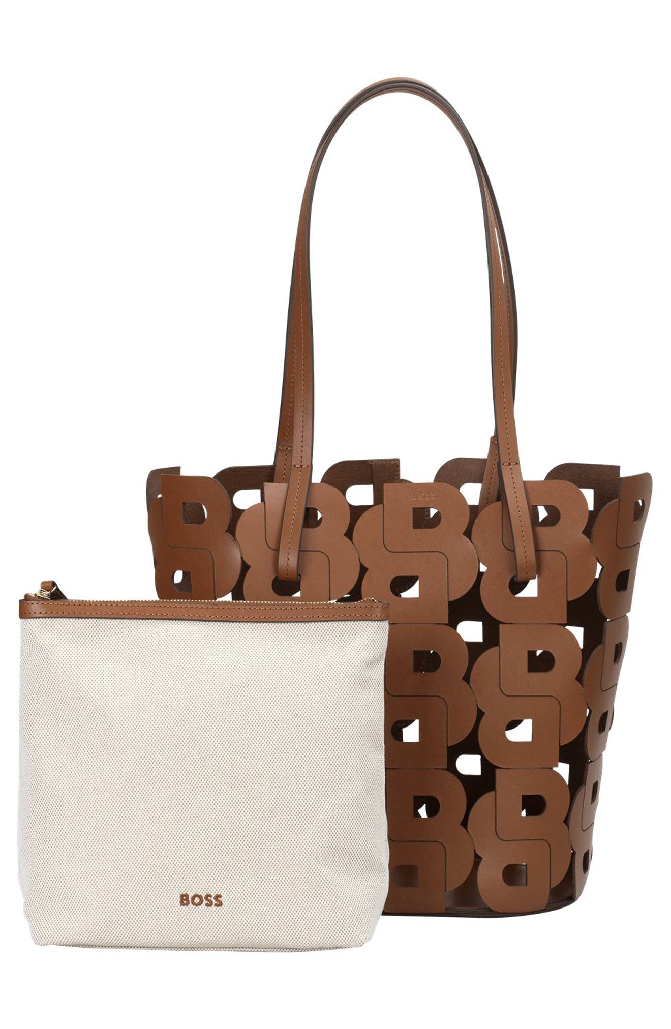 Double B Monogram Leather Tote, Alternate, color, MEDIUM BROWN