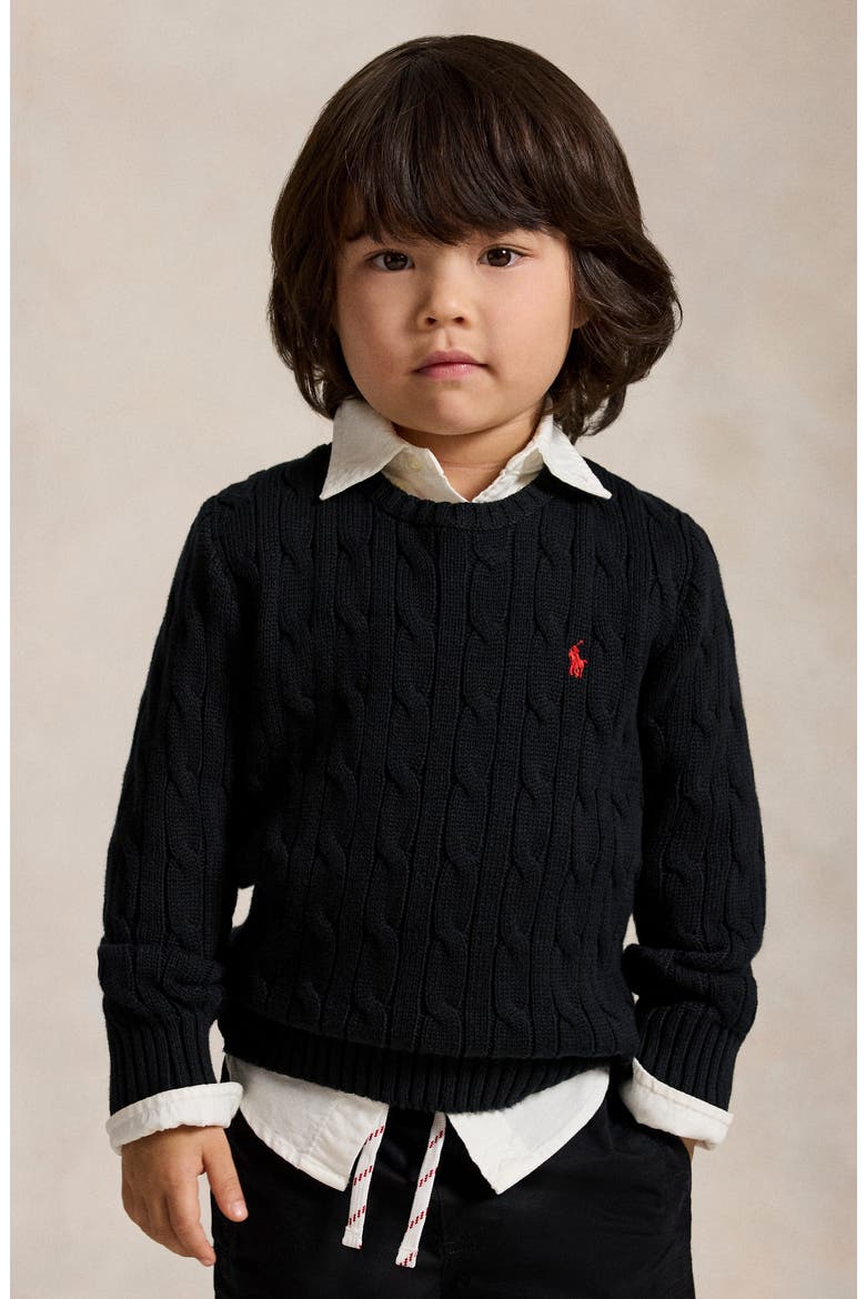 Kids' Cable Knit Cotton Crewneck Sweater, Alternate, color, POLO BLACK