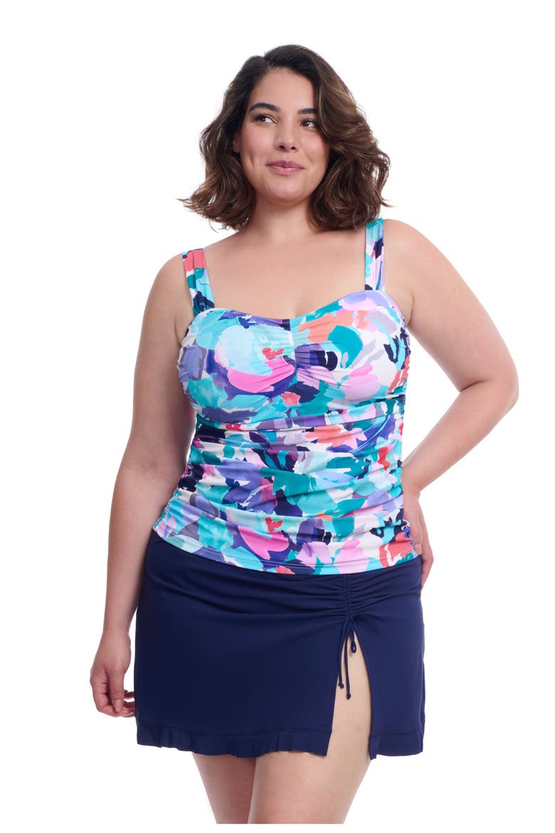Holi Full Figure Center Ruched Tankini Underwire Swim Top, Main, color, Blue multi