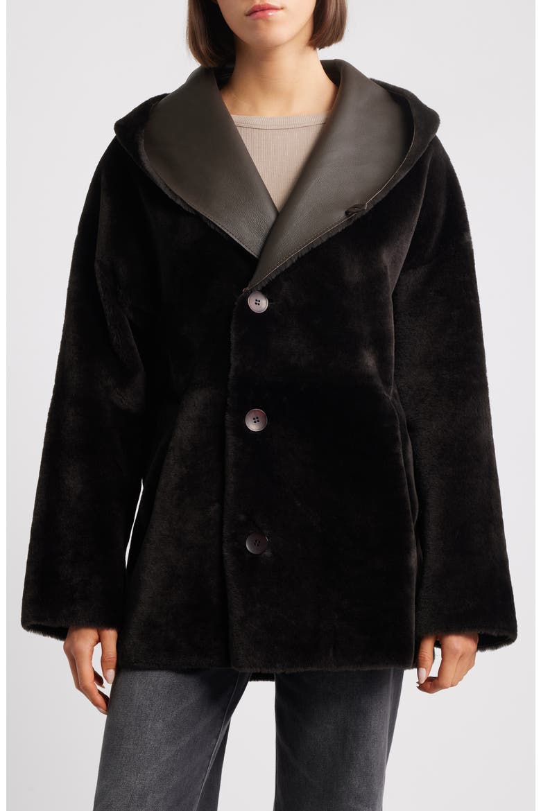Cherez Reversible Hooded Genuine Shearling Coat, Alternate, color, CHOCOLATE