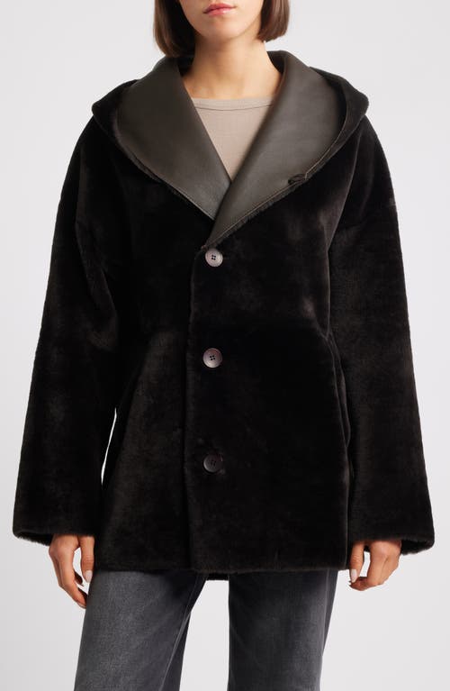 Hiso Cherez Reversible Hooded Genuine Shearling Coat In Brown