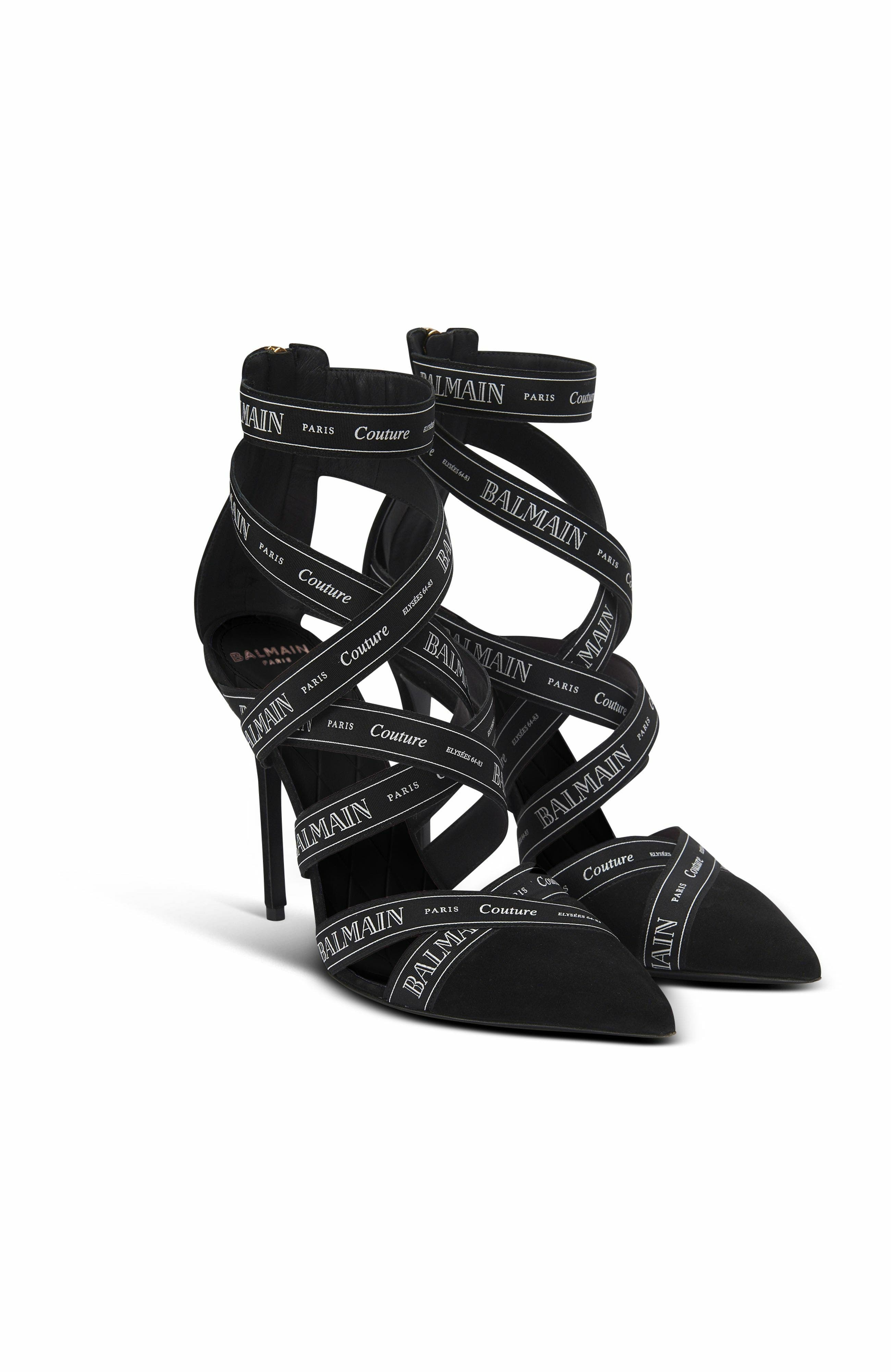 Couture Suede Heels With Balmain Ribbon Motif, Alternate, color, Black
