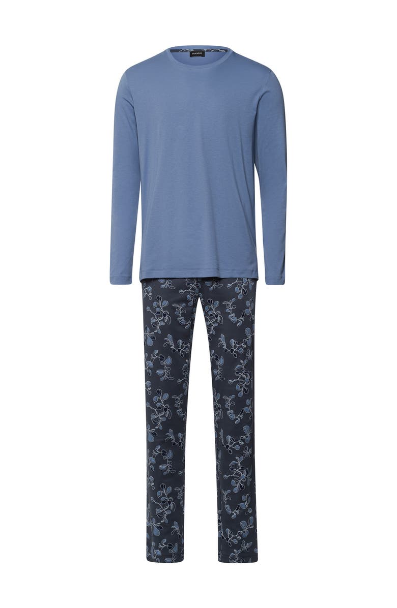 Hanro Night And Day Crew Neck Cotton Pajama Set, Main, color, Aqua Ink Leaves